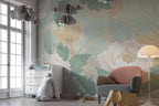 Pastel Floral Wall Mural – Botanical Leaves and Flowers Peel and Stick Wallpaper