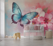 Giant Butterfly Wall Mural - Watercolor Butterfly & Flowers Wallpaper - Wallmotif.com