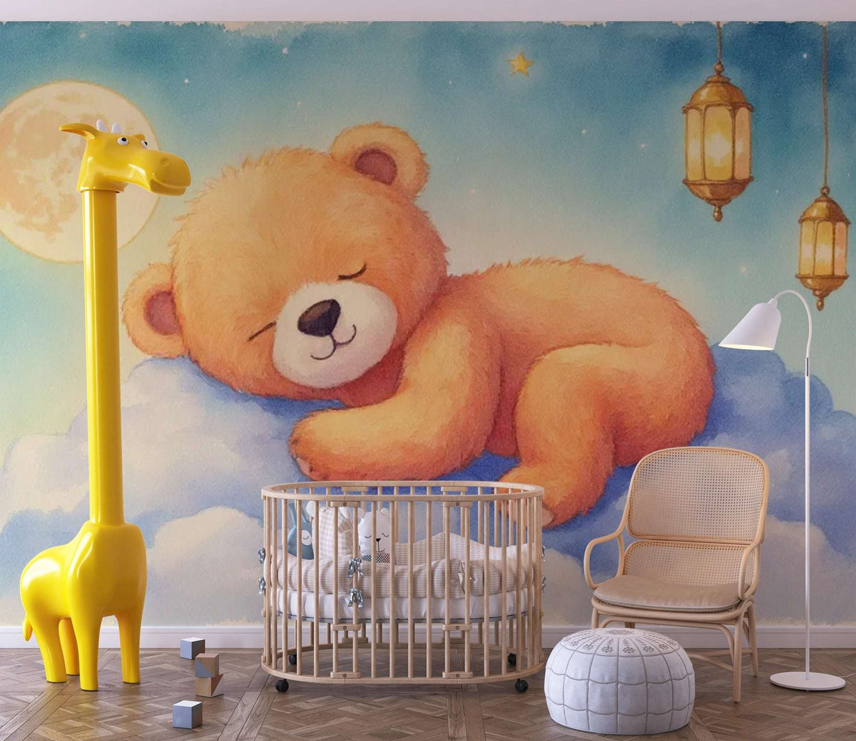 Dreamy Bear Moon Watercolor Wall Mural - Sleeping Teddy Bear Wall Mural for Nursery