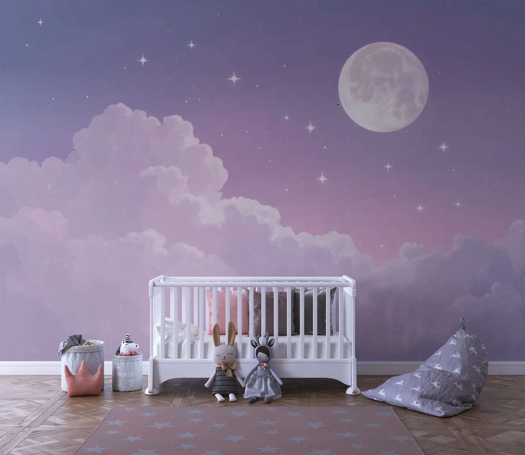 Moon and Stars Wall Mural | Celestial Purple Wallpaper