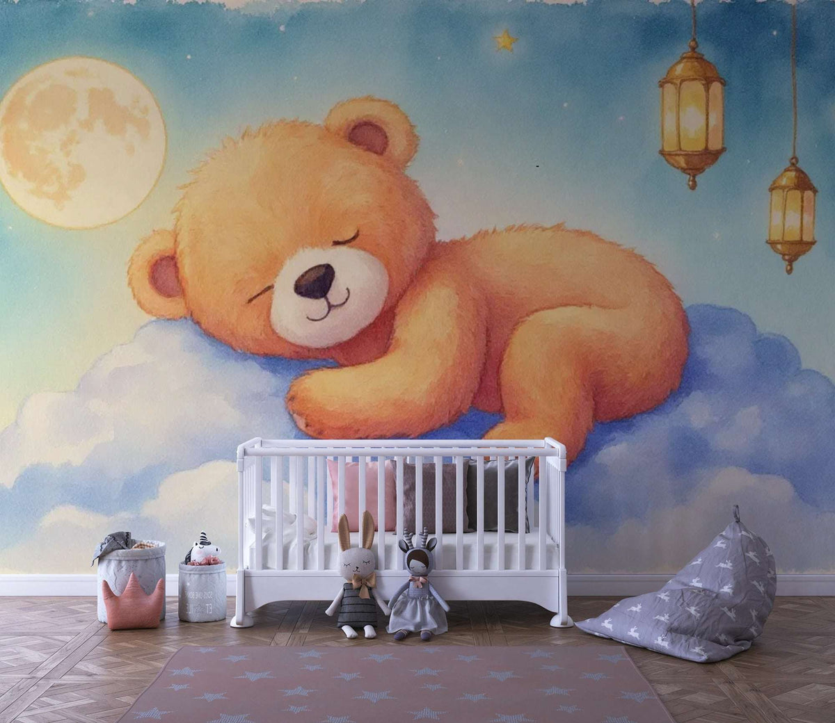 Dreamy Bear Moon Watercolor Wall Mural - Sleeping Teddy Bear Wall Mural for Nursery