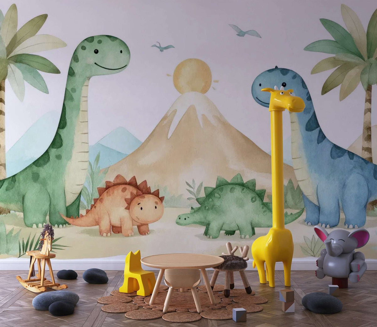 Watercolor Dinosaur Nursery Wallpaper - Friendly Dino Land Wallpaper