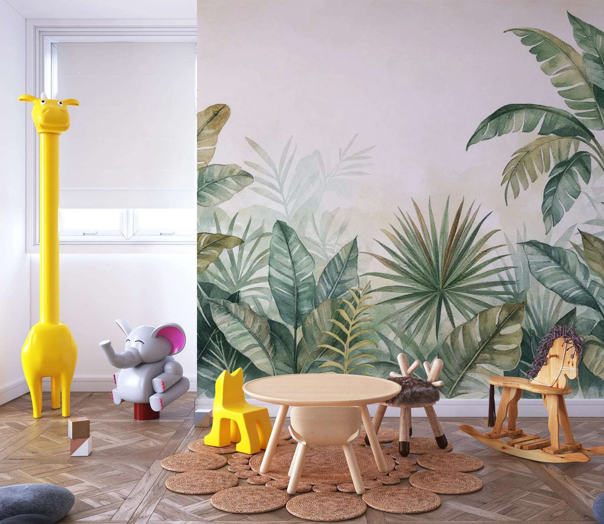 Watercolor Jungle Mural, Tropical Botanical Wallpaper, Palm Leaf Nursery Decor