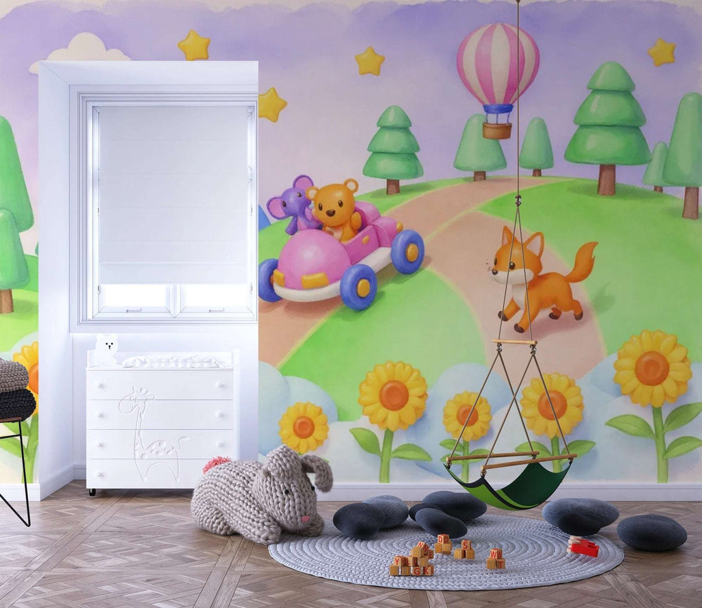 Playful Animal Road Trip Wall Mural - Peel and Stick Wallpaper for Nursery & Kids Room