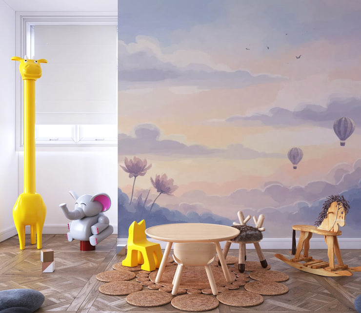 Watercolor Sky Wall Mural for Kids Room - Dreamy Cloud & Hot Air Balloon Wallpaper - Wallmotif.com