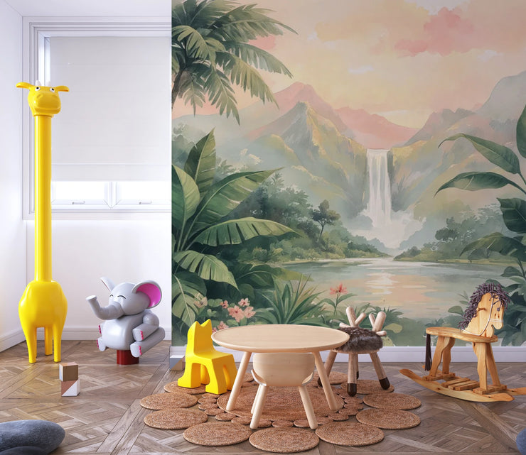 Tropical Landscape Mural Waterfall - Misty Mountains Waterfall Wall Mural - Wallmotif.com