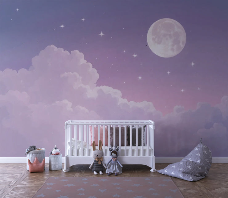 Dreamy Moon Stars Wall Mural Celestial Cloud Wallpaper Purple Sky Decor - Wallmotif.com