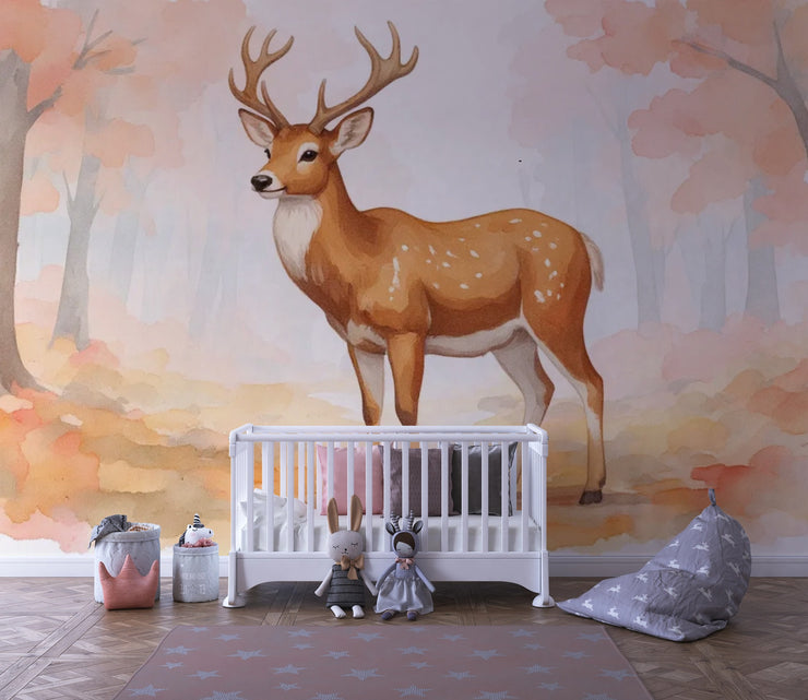 Watercolor Deer Forest Wallpaper Mural Blush Orange Tones - Wallmotif.com