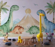 Watercolor Dinosaur Nursery Wallpaper - Friendly Dino Land Wallpaper - Wallmotif.com