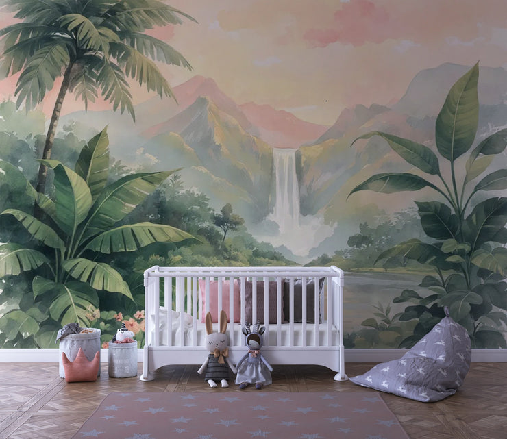 Tropical Landscape Mural Waterfall - Misty Mountains Waterfall Wall Mural - Wallmotif.com