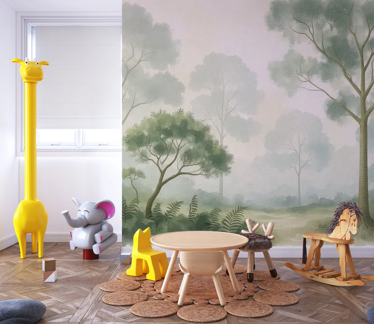 Watercolor Forest Trees Wall Mural – Kids Room Nature Peel and Stick Wallpaper - Wallmotif.com