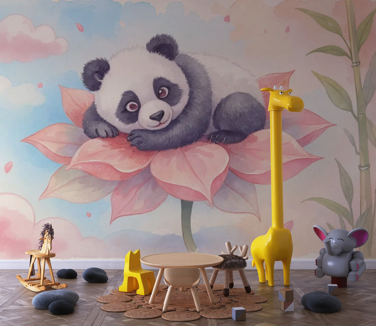 Cute Panda Wall Mural for Nursery - Dreamy Watercolor Panda & Lotus Wallpaper - Wallmotif.com