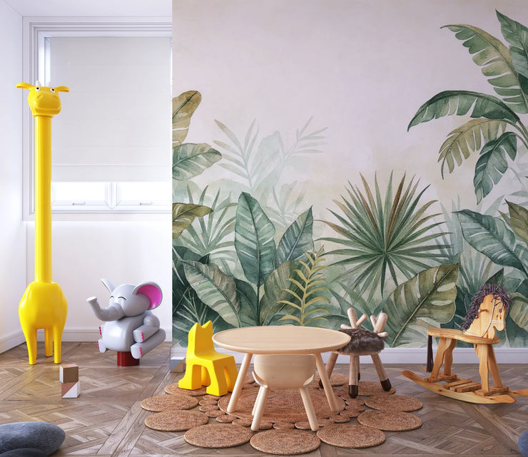 Watercolor Jungle Mural, Tropical Botanical Wallpaper, Palm Leaf Nursery Decor - Wallmotif.com