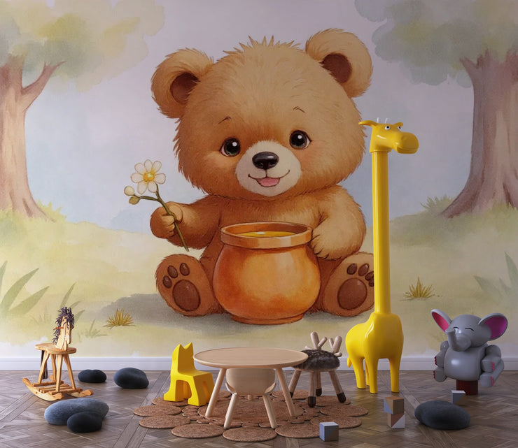 Cute Teddy Bear with Honey Pot Wall Mural - Sweet Teddy Bear Nursery Wallpaper - Wallmotif.com