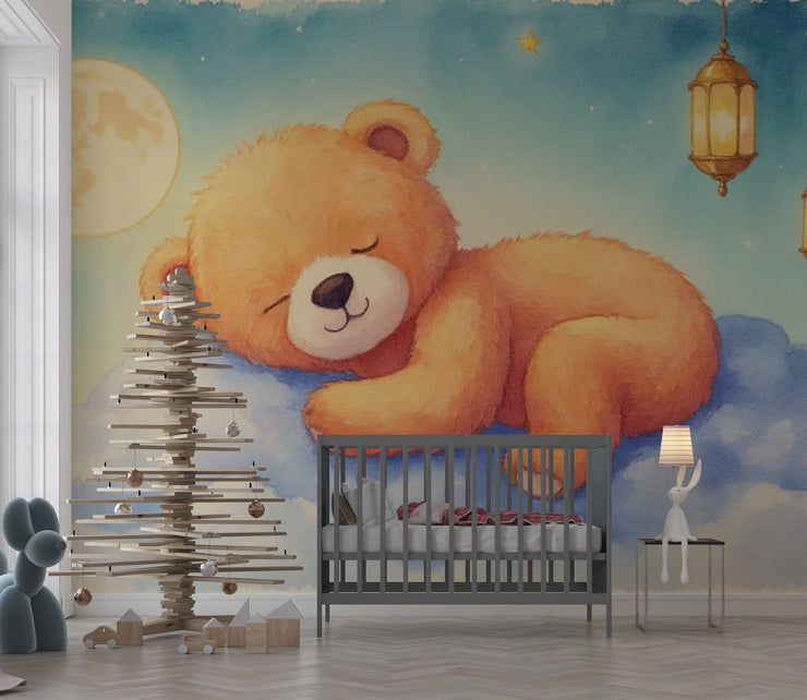 Dreamy Bear Moon Watercolor Wall Mural - Sleeping Teddy Bear Wall Mural for Nursery - Wallmotif.com