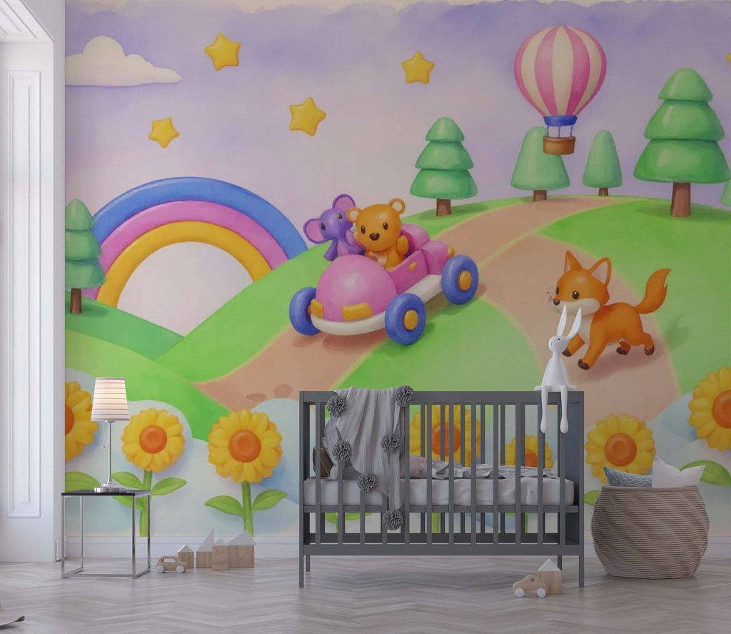 Playful Animal Road Trip Wall Mural - Peel and Stick Wallpaper for Nursery & Kids Room
