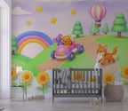 Playful Animal Road Trip Wall Mural - Peel and Stick Wallpaper for Nursery & Kids Room