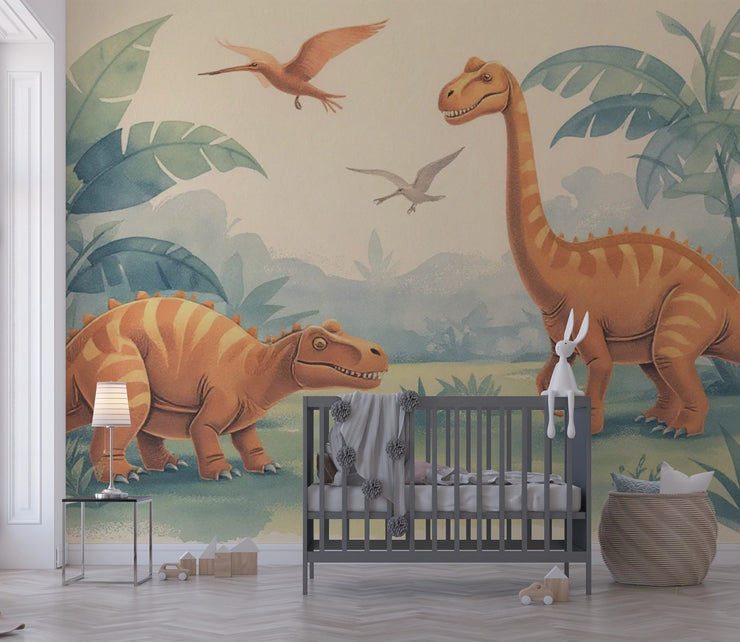 Playful Dinosaur Wall Mural - Dino Friends Nursery Wallpaper - Wallmotif.com