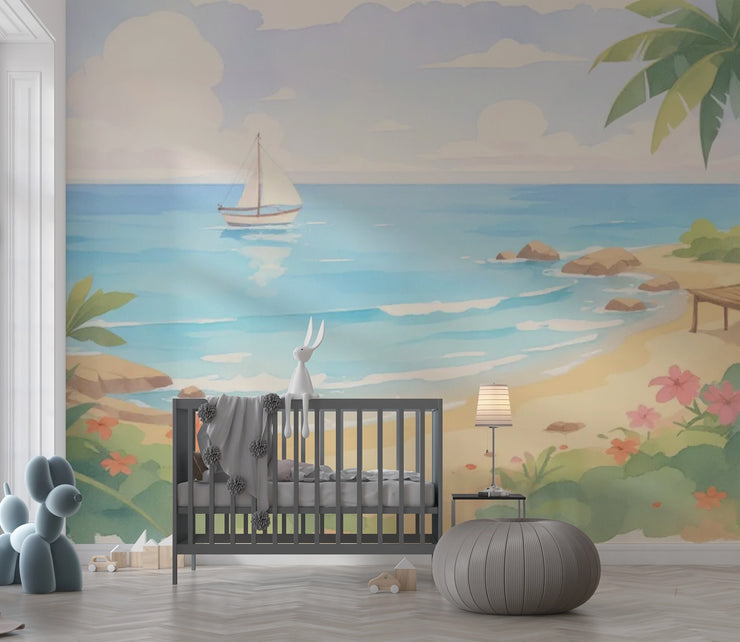 Watercolor Beach & Ocean Wall Mural for Kids Room - Dreamy Seascape Nursery Wallpaper - Wallmotif.com
