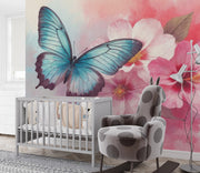 Giant Butterfly Wall Mural - Watercolor Butterfly & Flowers Wallpaper - Wallmotif.com