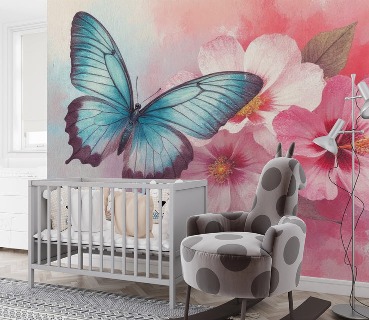 Giant Butterfly Wall Mural - Watercolor Butterfly & Flowers Wallpaper - Wallmotif.com