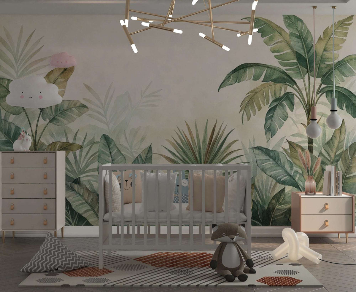 Watercolor Jungle Mural, Tropical Botanical Wallpaper, Palm Leaf Nursery Decor