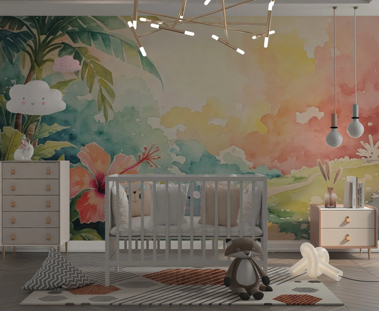 Jungle Dream Watercolor Mural Wallpaper - Adventure Awaits Nursery Wall Mural - Wallmotif.com