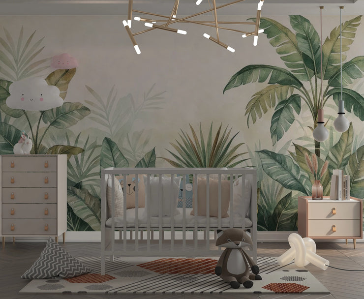 Watercolor Jungle Mural, Tropical Botanical Wallpaper, Palm Leaf Nursery Decor - Wallmotif.com