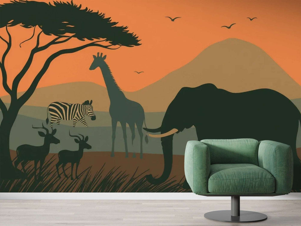 African Sunset Safari Wallpaper | Elephant, Giraffe Zebra Wall Mural
