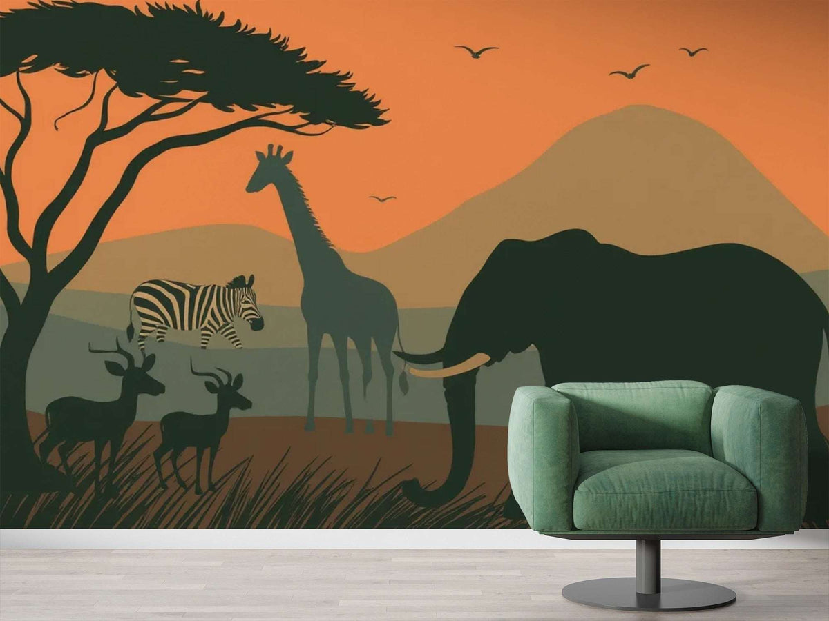 African Sunset Safari Wallpaper | Elephant, Giraffe Zebra Wall Mural