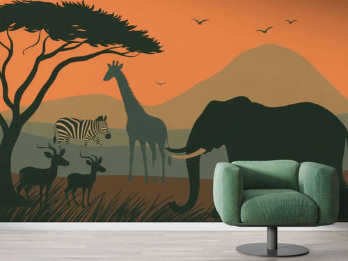 African Sunset Safari Wallpaper | Elephant, Giraffe Zebra Wall Mural
