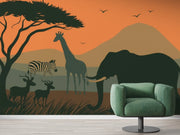 African Sunset Safari Wallpaper - Elephant, Giraffe Zebra Wall Mural - Wallmotif.com