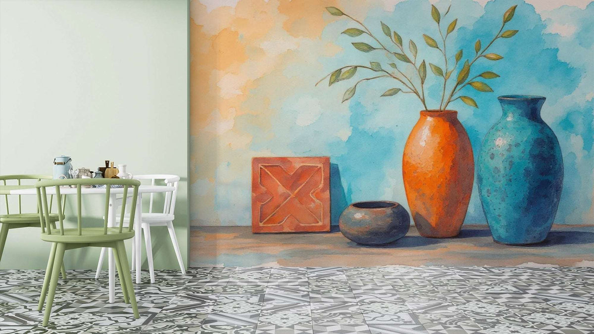 Vibrant Vase and Pampas Grass Wall Mural - Modern Home Decor