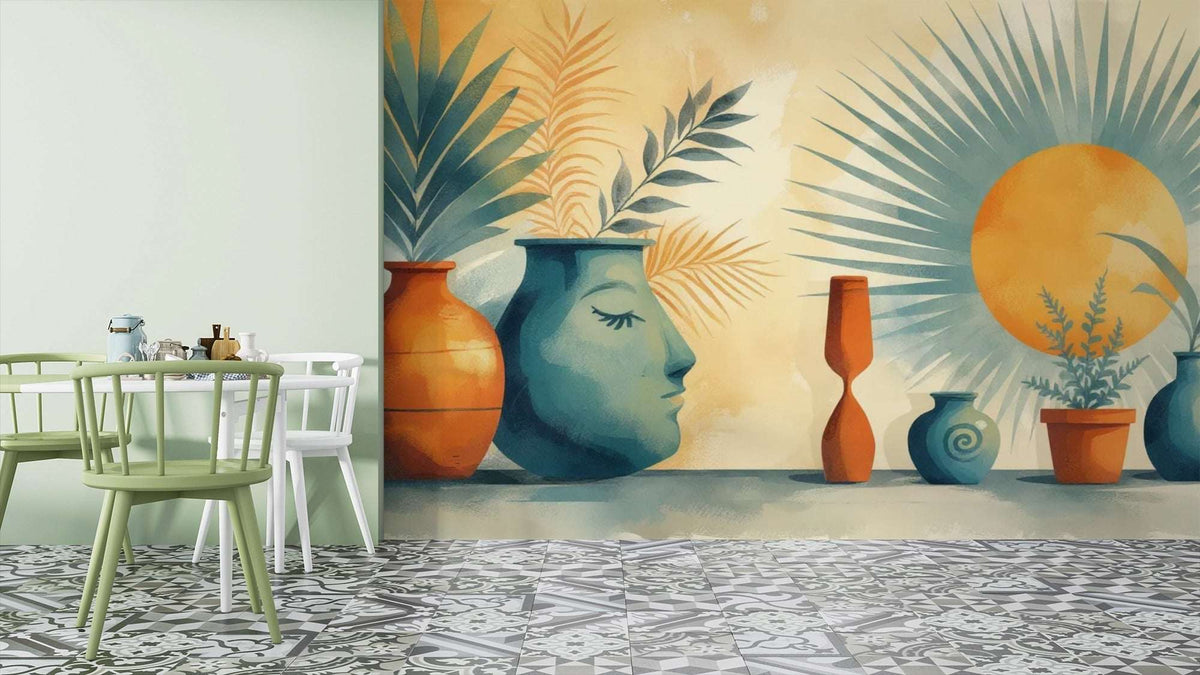 Abstract Bohemian Wall Mural - Serene Face & Sun Art Wallpaper