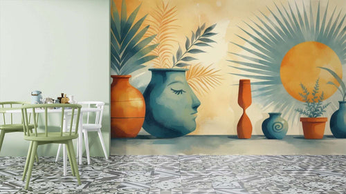 Abstract Bohemian Wall Mural - Serene Face & Sun Art Wallpaper