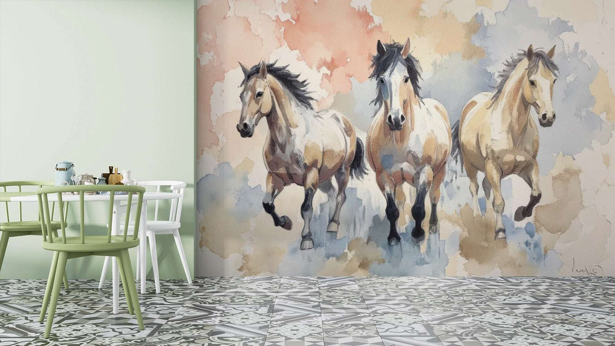 Wild Horses Watercolor Mural Wallpaper - Rustic Ranch Horse Themed Wallpaper