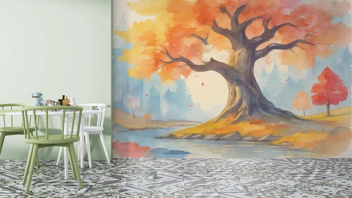Watercolor Autumn Tree Wall Mural - Large Autumn Tree Mural Wallpaper