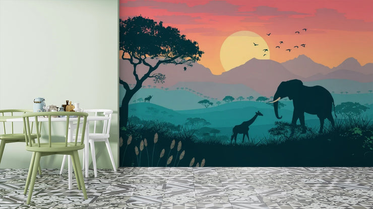 Savanna Sunset Wall Mural. Safari Elephant Wallpaper. African Landscape Peel and Stick - Wallmotif.com