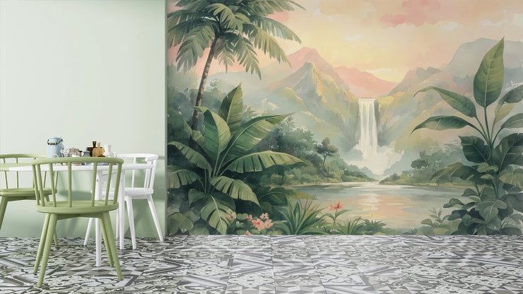 Tropical Landscape Mural Waterfall - Misty Mountains Waterfall Wall Mural - Wallmotif.com