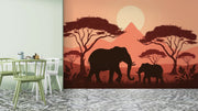African Sunset Elephant Mural Wallpaper - Safari Wall Decor for Living Room - Wallmotif.com