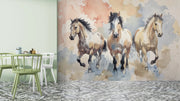 Wild Horses Watercolor Mural Wallpaper - Rustic Ranch Horse Themed Wallpaper - Wallmotif.com