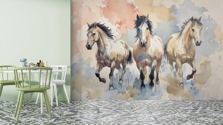 Wild Horses Watercolor Mural Wallpaper - Rustic Ranch Horse Themed Wallpaper - Wallmotif.com