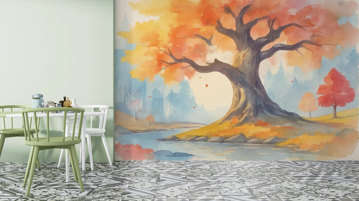 Watercolor Autumn Tree Wall Mural - Large Autumn Tree Mural Wallpaper - Wallmotif.com