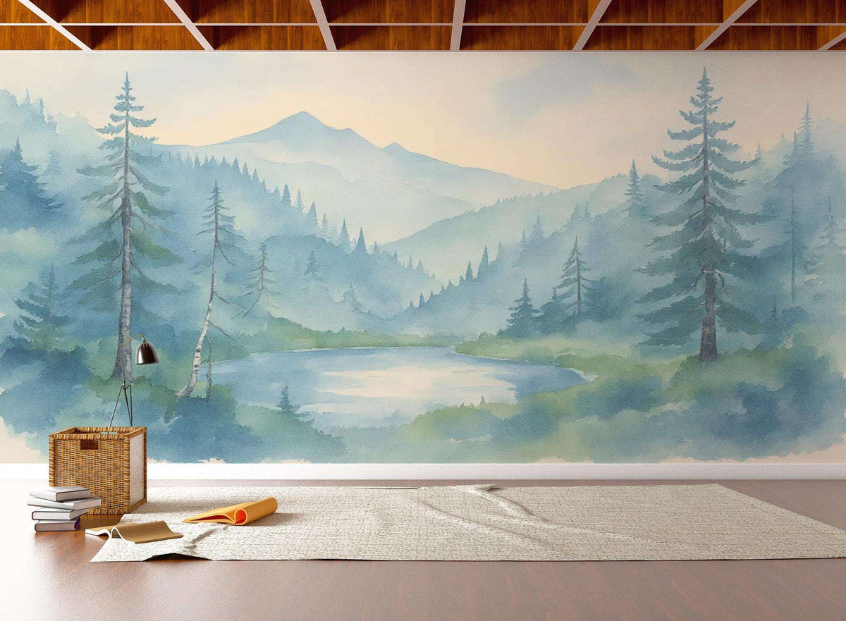 Watercolor Forest Mountains Wall Mural – Scenic Landscape Peel and Stick Wallpaper