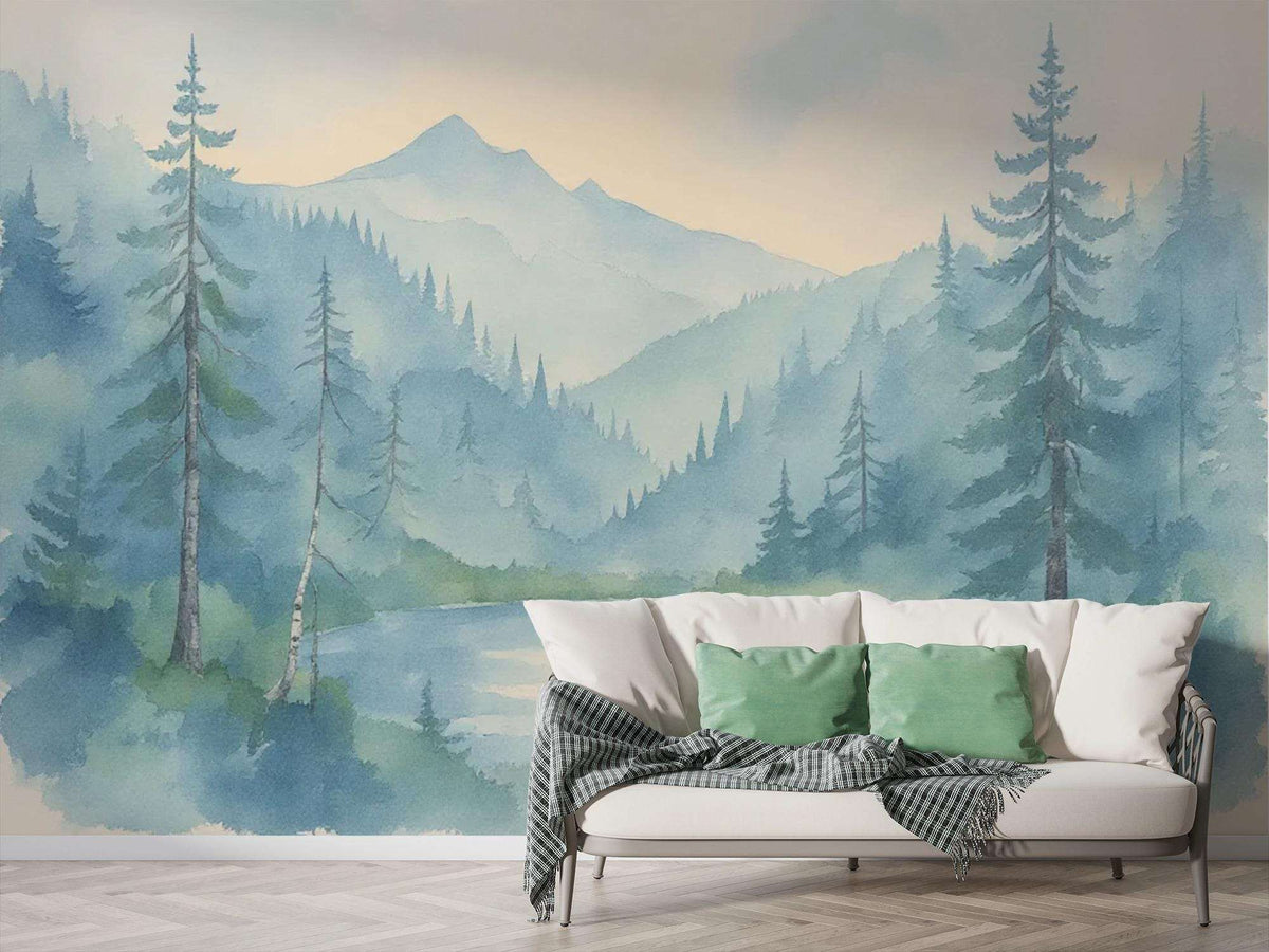 Watercolor Forest Mountains Wall Mural – Scenic Landscape Peel and Stick Wallpaper