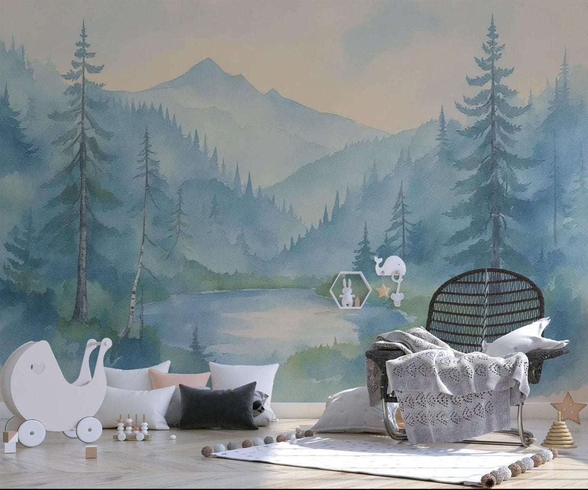 Watercolor Forest Mountains Wall Mural – Scenic Landscape Peel and Stick Wallpaper