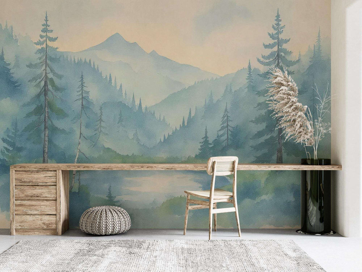 Watercolor Forest Mountains Wall Mural – Scenic Landscape Peel and Stick Wallpaper
