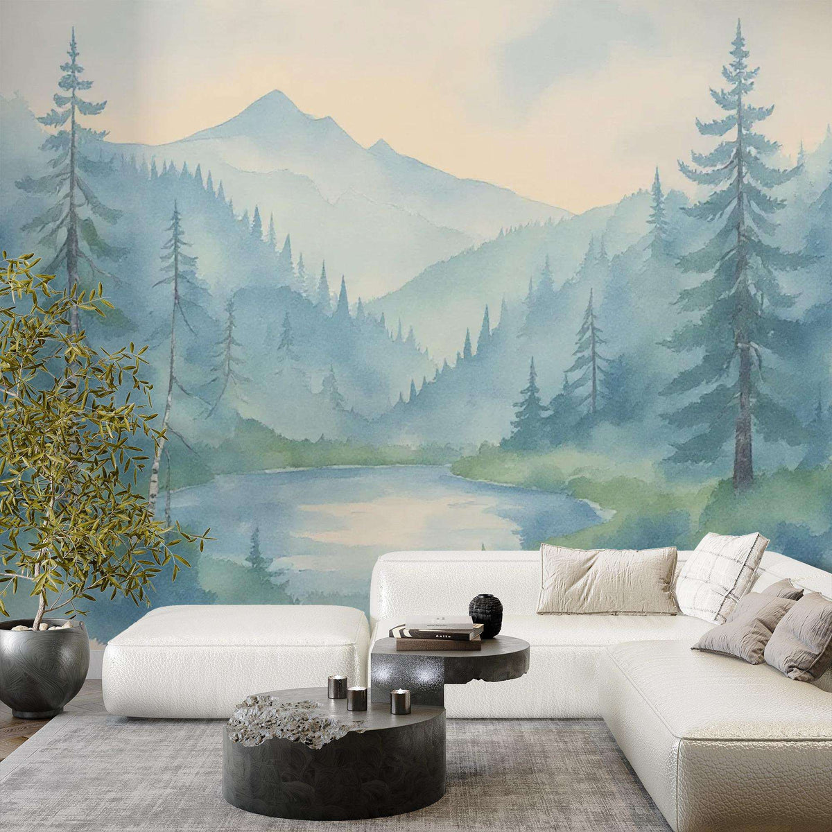 Watercolor Forest Mountains Wall Mural – Scenic Landscape Peel and Stick Wallpaper