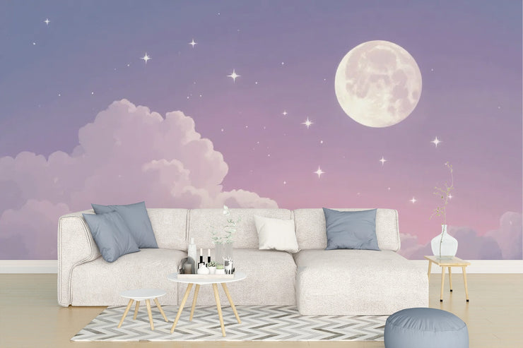 Dreamy Moon Stars Wall Mural Celestial Cloud Wallpaper Purple Sky Decor - Wallmotif.com