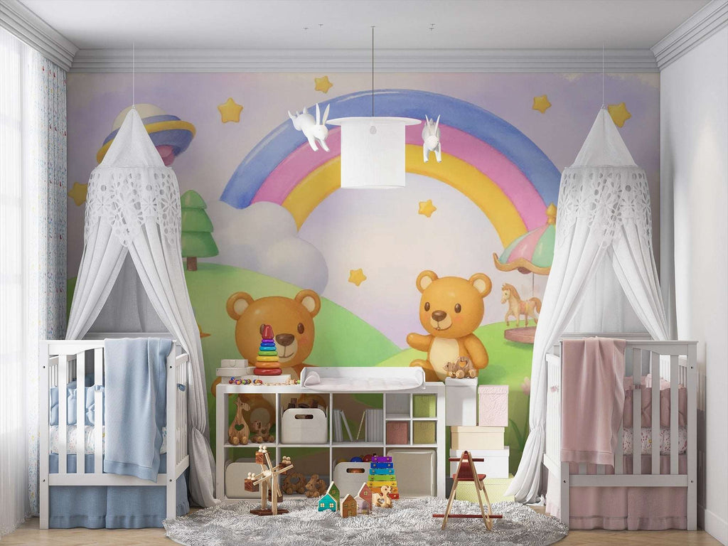 Teddy Bear Adventure Wall Mural - Peel and Stick Wallpaper for Nursery & Kids Room Decor